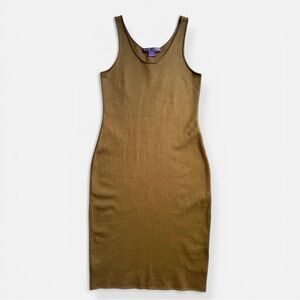 Olive Green Silk Blend Dress Sleeveless Sculpted Minimalist Midi M